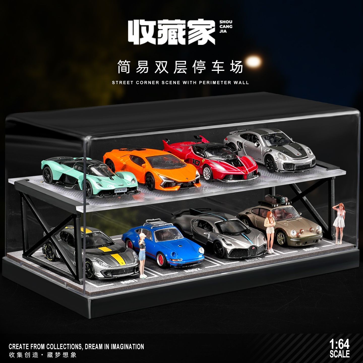 1:64 Scale Diorama Two-Tier Garage Display Case 8 Parking Spots Diecast