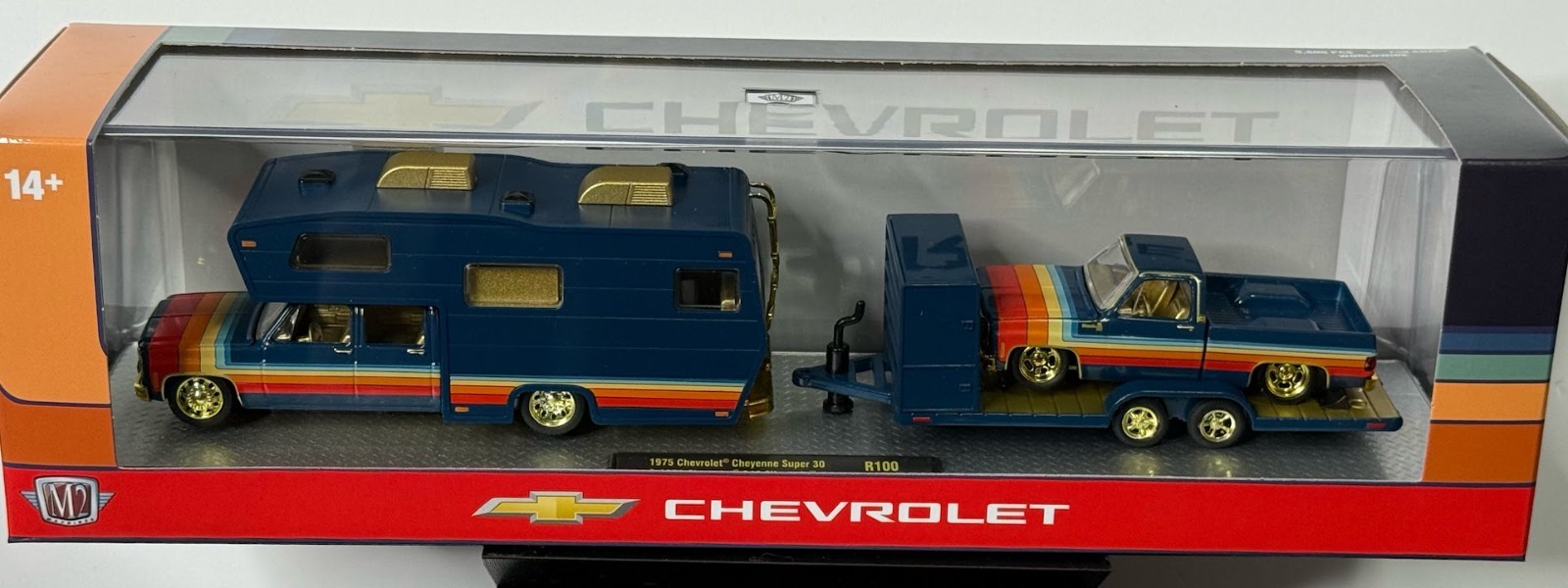Chase M2 Machines 1975 Cheyenne Super 30 & 1978 C10 Silverado Blue Camper R100