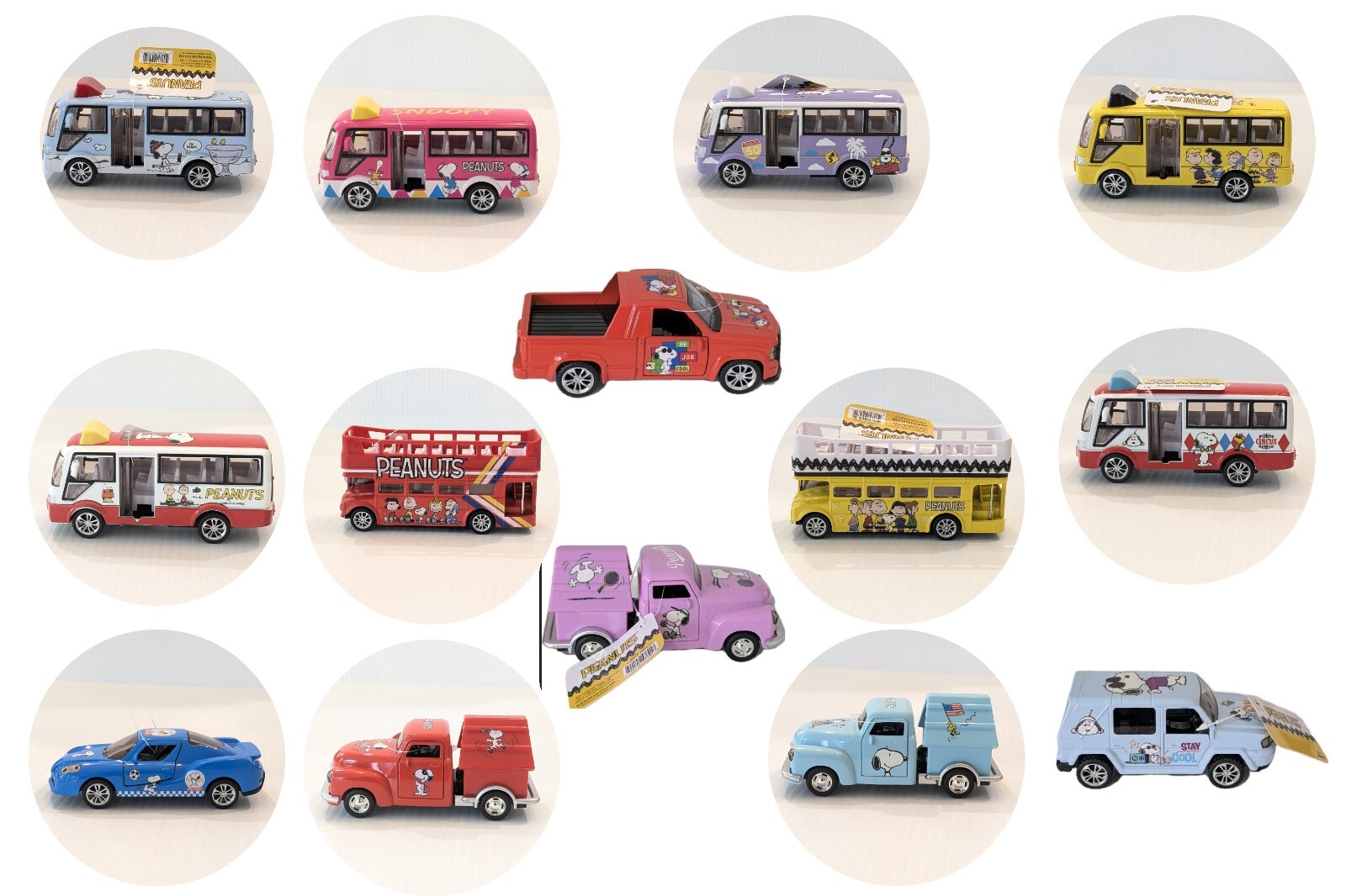 Ultimate Peanuts & Snoopy 14 Vehicle Set – Buses, Cars & Pickup Truck & SUV!