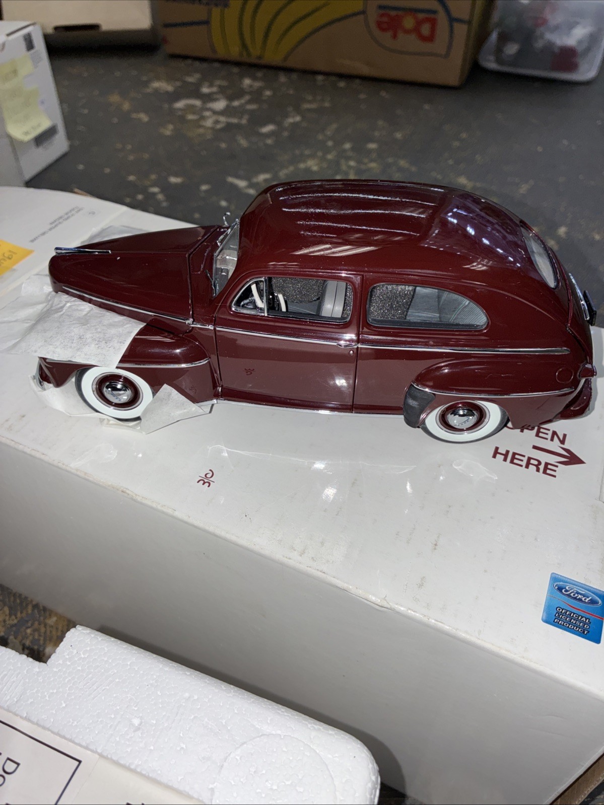 Danbury Mint 1:24 Burgandy 1947 Ford Super Deluxe Tudor Sedan.