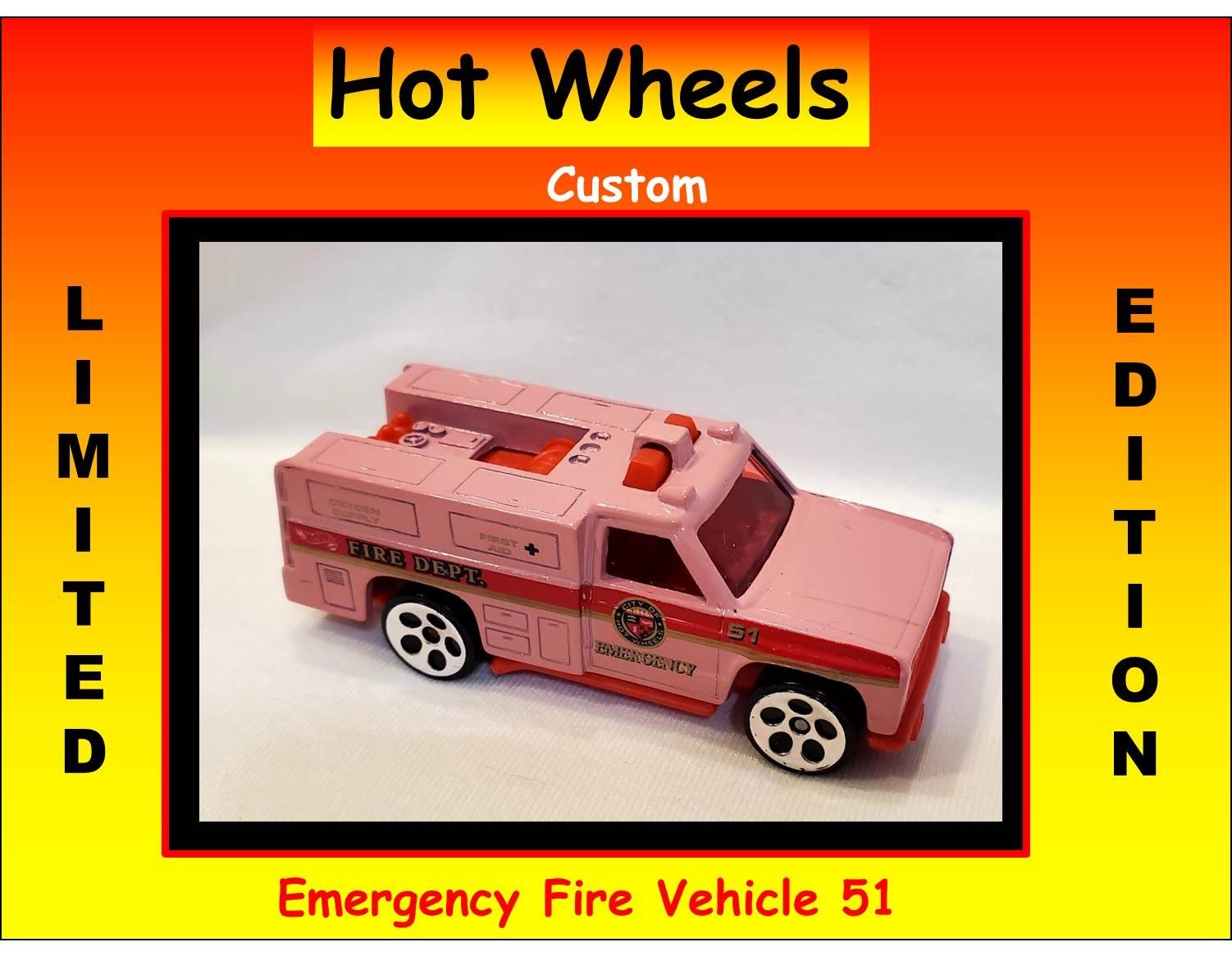 Hot Wheels Emergency Vehicle Fire Rescue Truck 51 First Aid Custom Pink