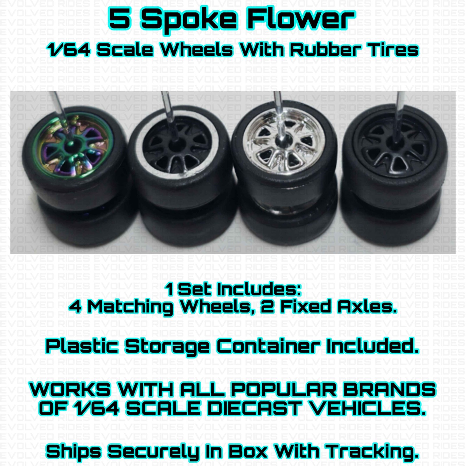 5 Spoke Flower Real Rider Wheels Rubber Tire For 1/64 Scale Hot Wheel & Other