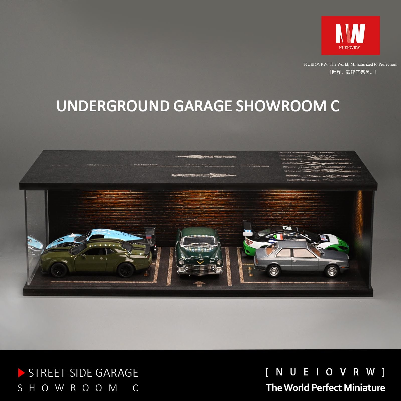 1/64 Car Garage Diorama Model LED Lighting Repair Workshop Scene Display Case US