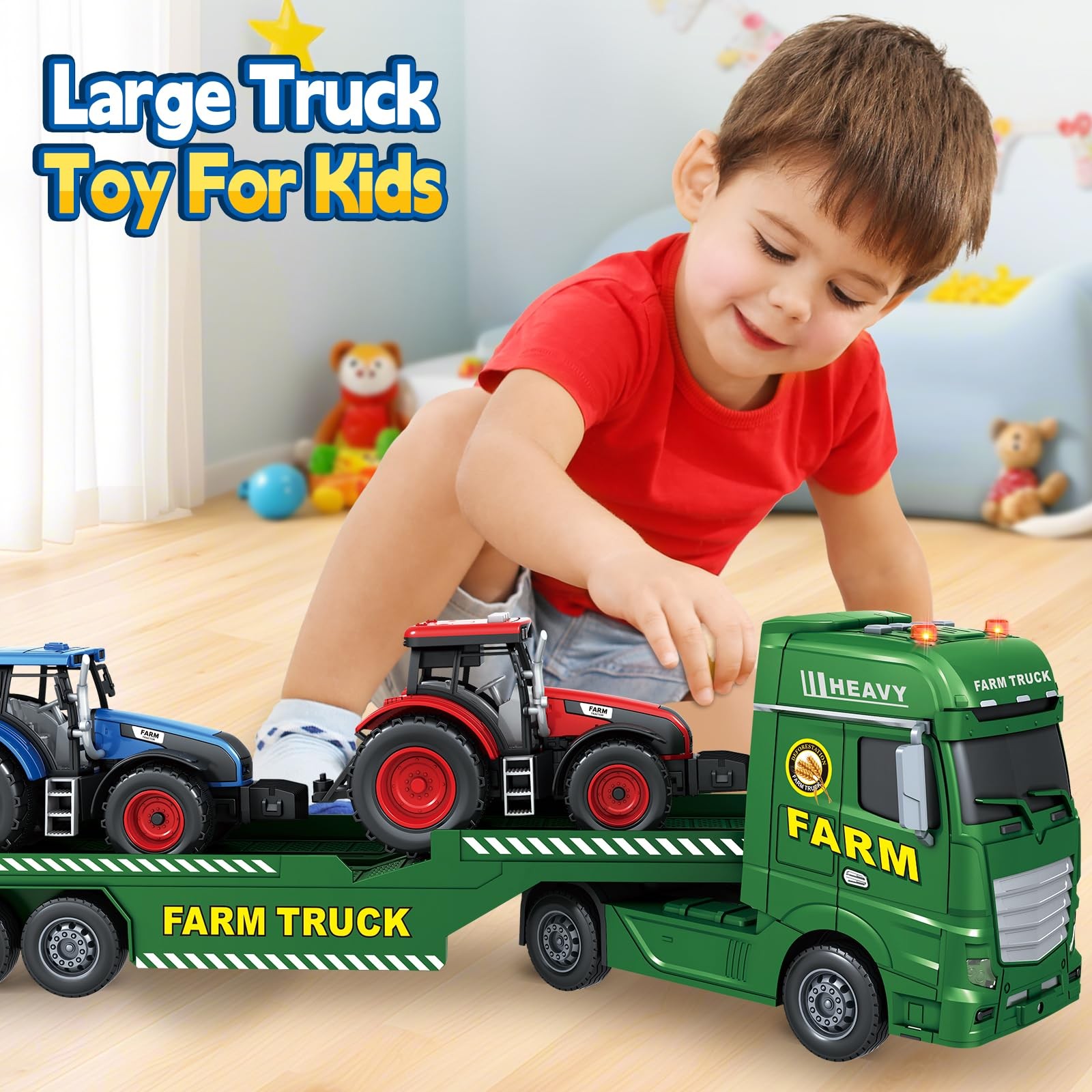 Toddler Boy Toys for 3 4 5 6 7 Years Kids, 25″ Semi Flatbed Truck Toy with 2 …