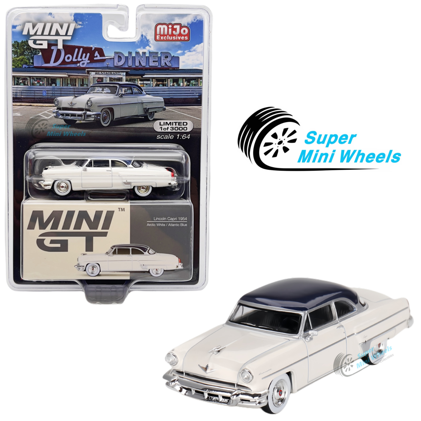 Mini GT 1:64 Lincoln Capri 1954 Arctic White / Atlantic Blue #631