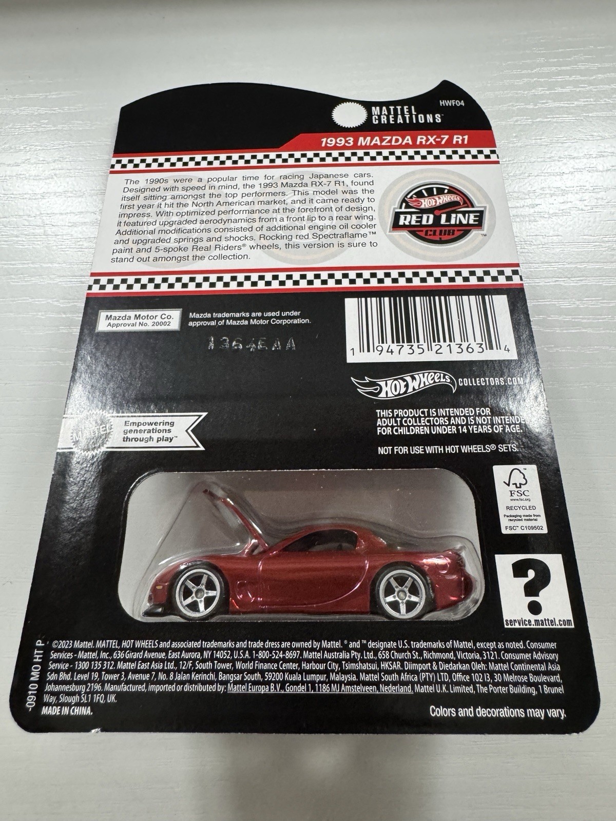 Hot Wheels Red Line Club 1993 Mazda RX-7 R1 Real Riders 1:64 Diecast Red