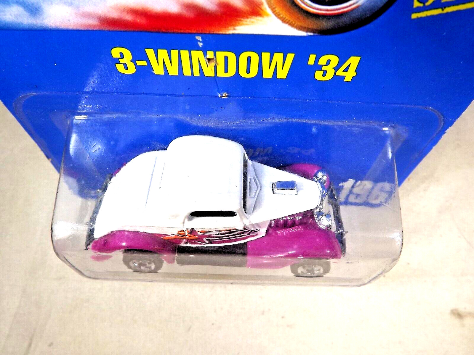 1991 Hot Wheels Blue Card #196 3-WINDOW ’34 White-Purple w/ASW Chrome BW Spokes