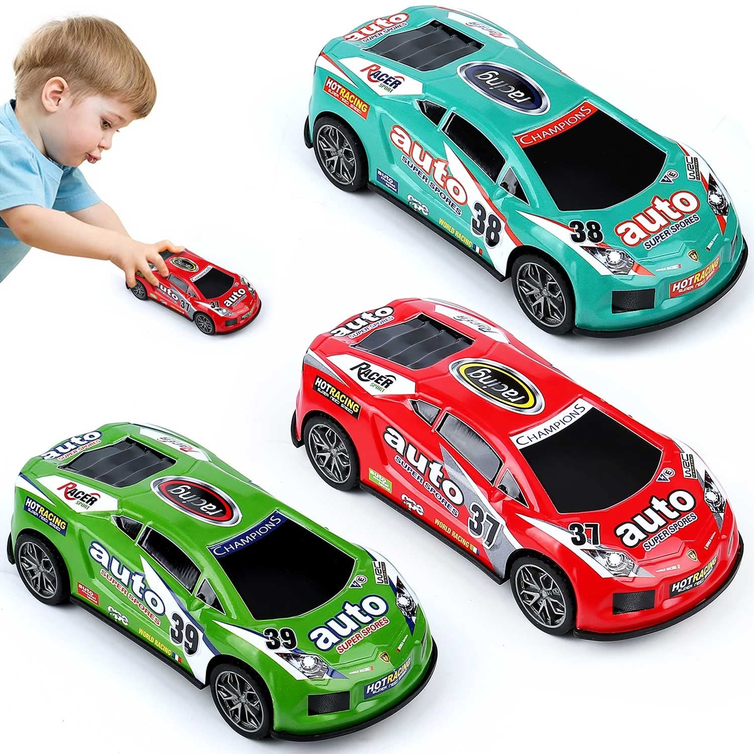 7 inch Friction Power Car Toys Set, Push and Go Pull Back Trucks Wind up Race…