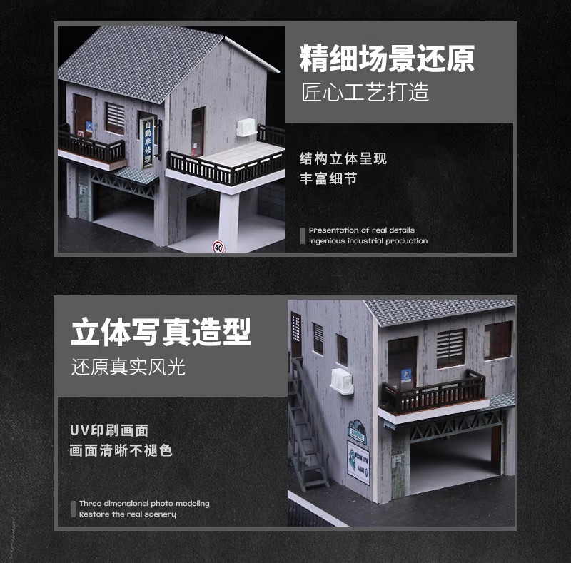 1/64 Diorama Diecast Garage Model LED Lights Display Parking Lot Building Scene