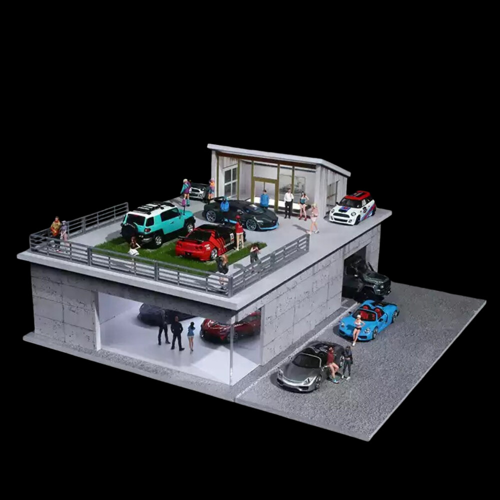 1/64 Diorama Diecast Garage Model LED Lights Display Parking Lot Building Scene