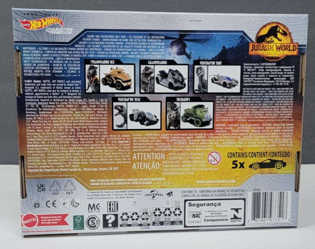 Hot Wheels Character Cars JURASSIC WORLD DOMINION 5pk Vehicles
