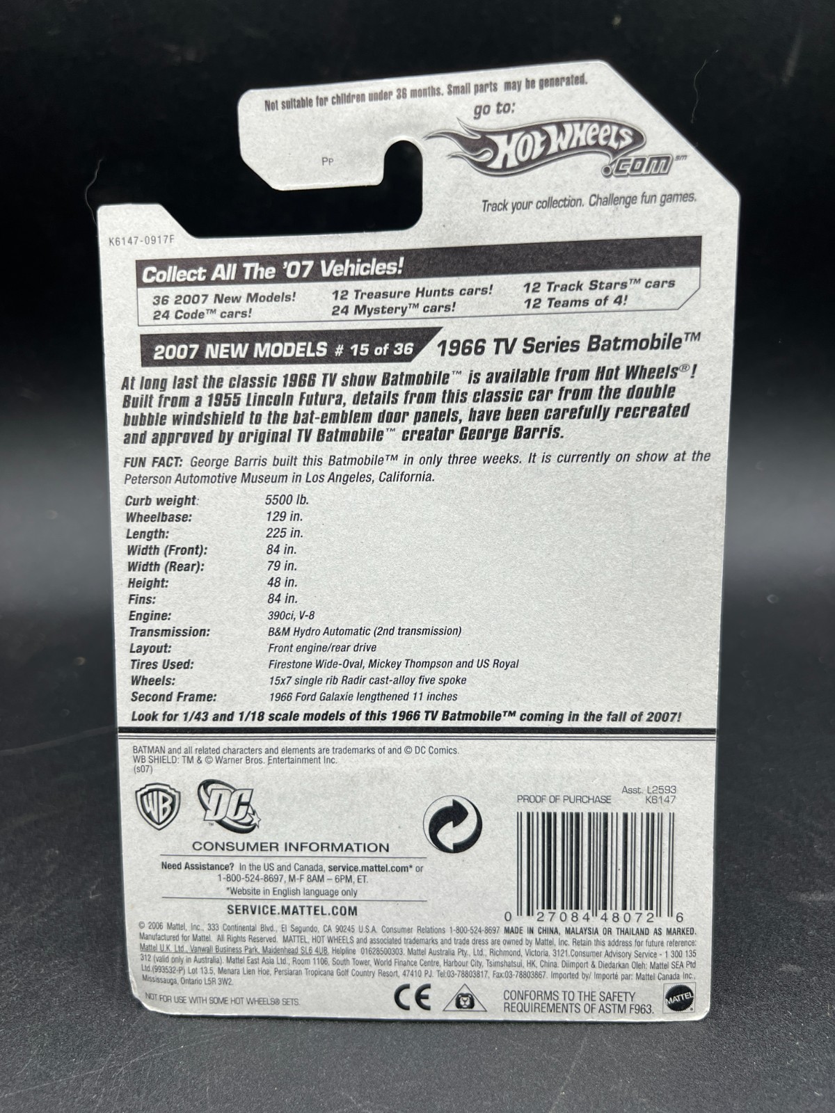 Hot Wheels 1966 TV Series Batmobile Black 5Sp 2007 New Models 15/36 #15 MIP