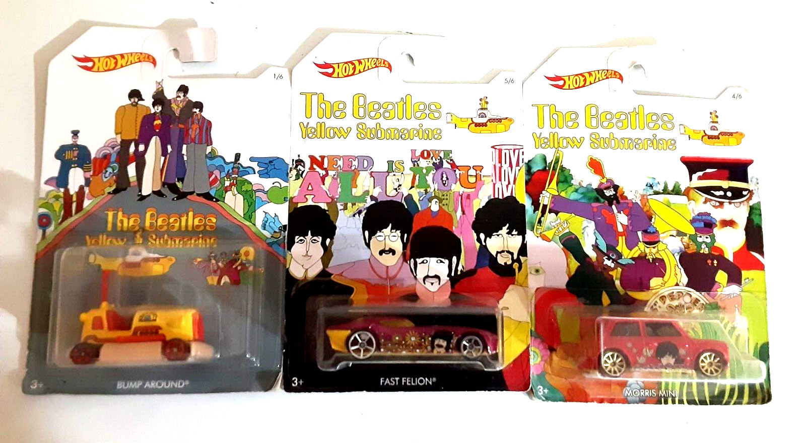 2016 Hot Wheels The Beatles Yellow Submarine Replica Vehicle’s, Lot of 3 #1,4,5