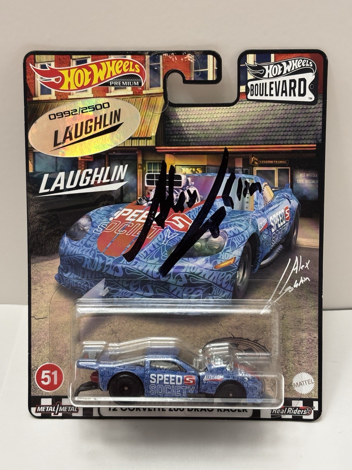 Hot Wheels Boulevard #51 Signed Laughlin ’12 Corvette Z06 Drag Racer (Blue) CASE