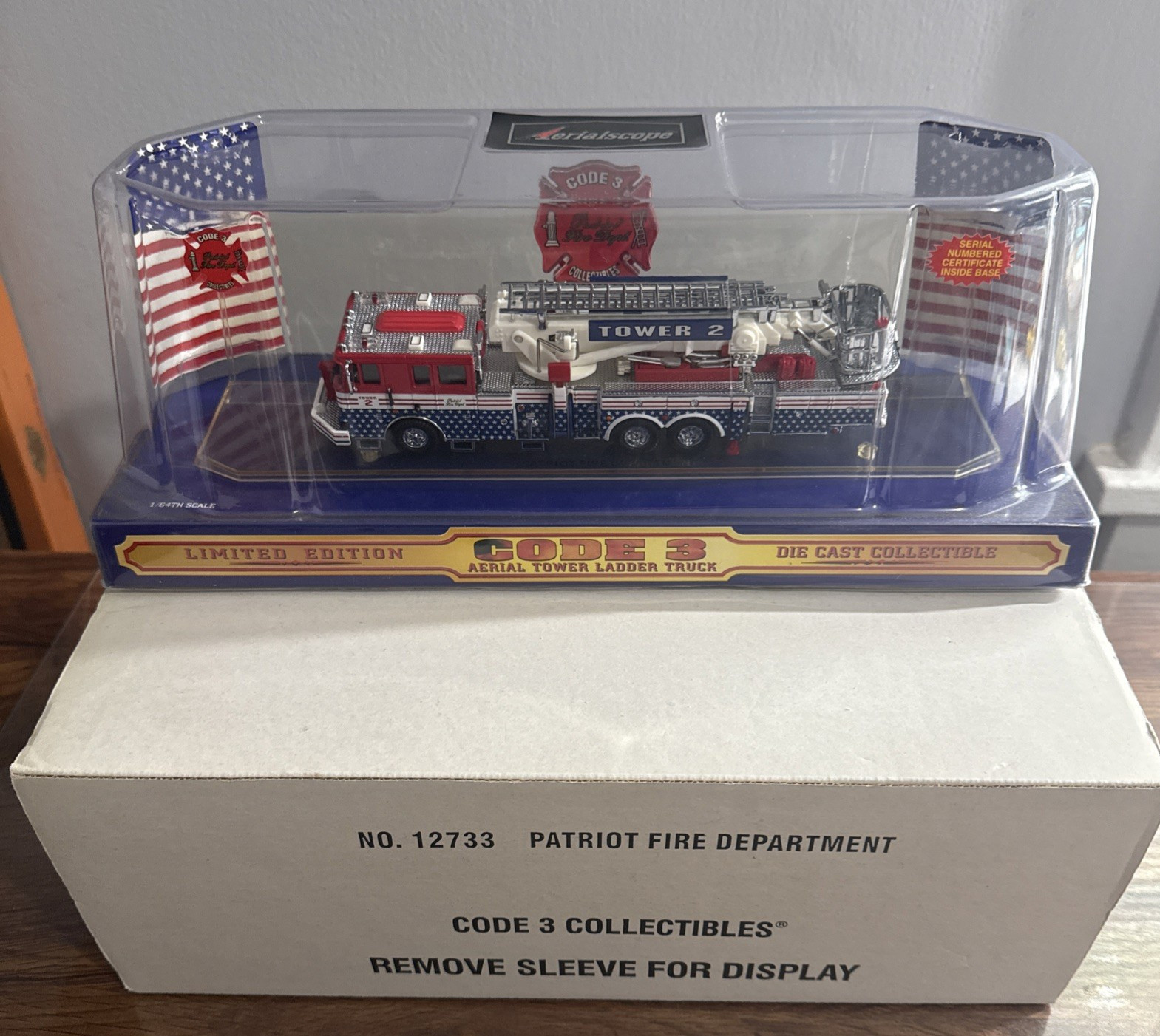 Aerialscope Code 3 Patriot Fire Dept Tower 2 Ladder Truck 1/64 12733 New in box
