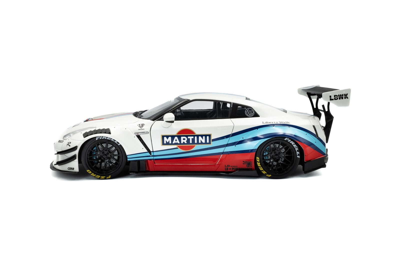 2024 Nissan GT-R (R35) w/ Liberty Walk Body Kit 2.0 Martini Racing 1:18 Solido