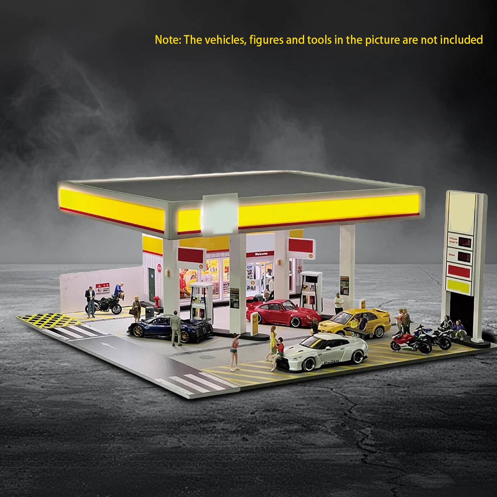 Diorama 1/64 Car Garage Model LED Lighting Gas Stations Parking Lot Scene Model