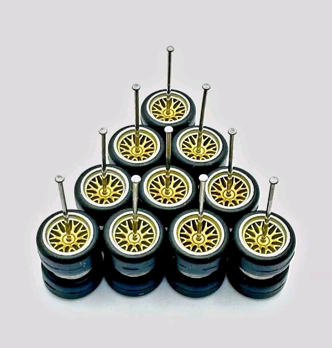 5 Sets BBS Gold With Silver Lip 11mm Rims & Real Rider Rubber Tires Wheels 1/64
