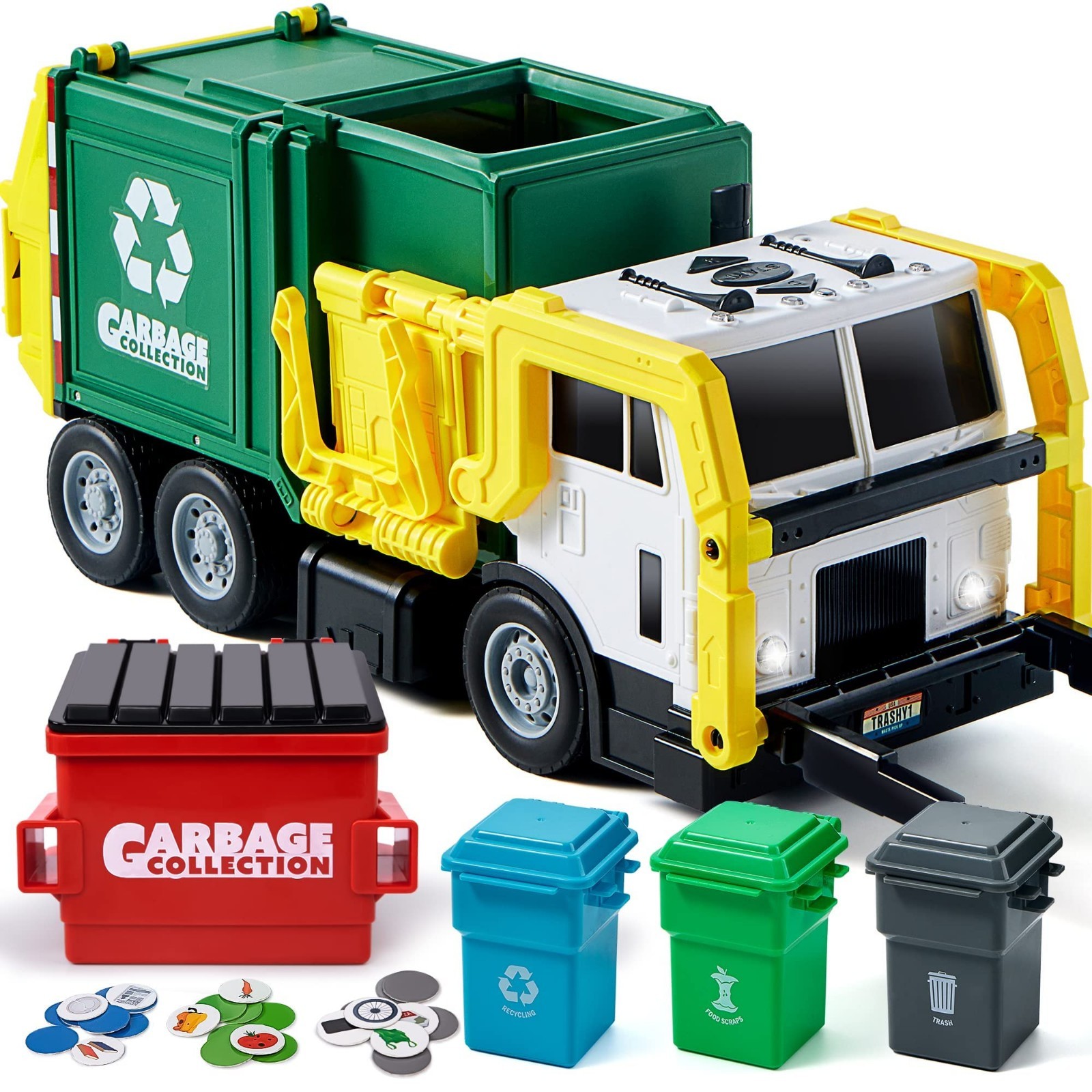 Large Friction Powered Garbage Truck Toy Set with Dumpster & Trash Bins – Kids G