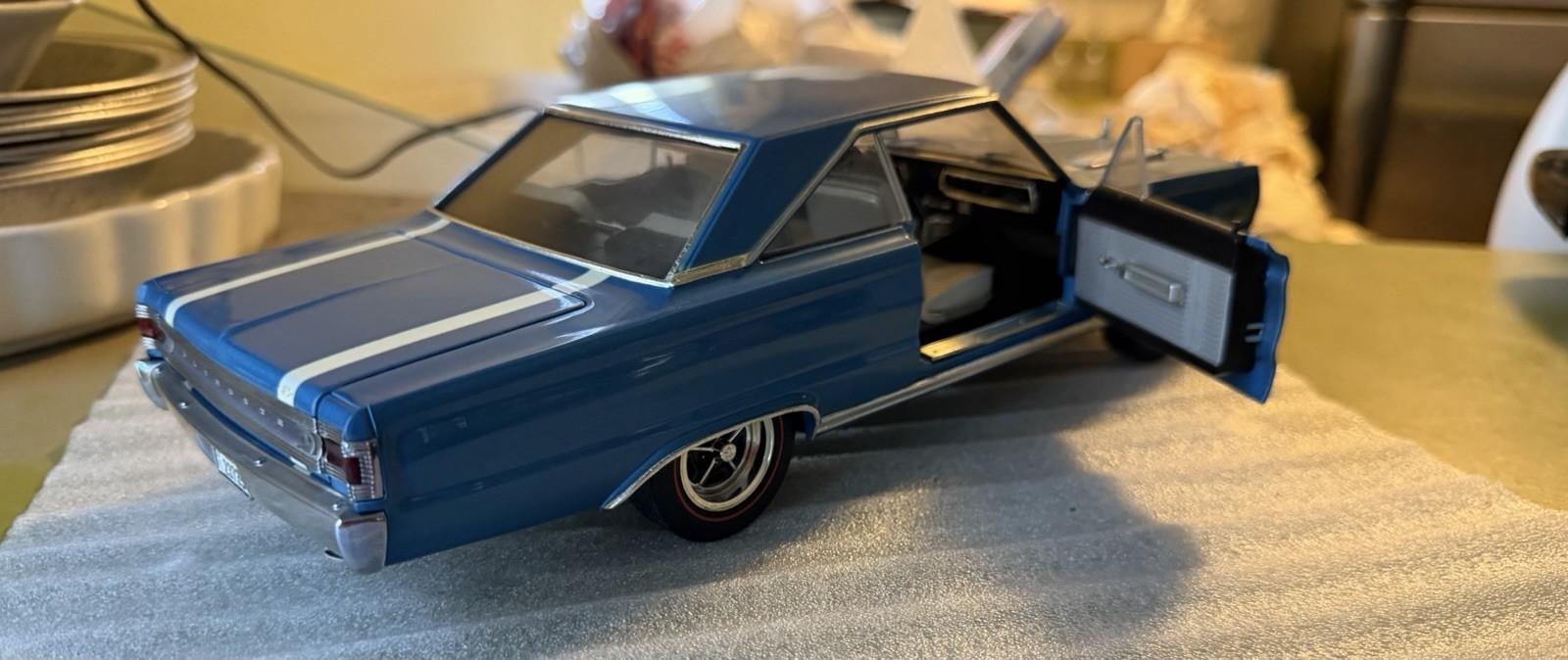 Plymouth Diecast Model Car Blue w/ White Stripes Opening Doors License Plate
