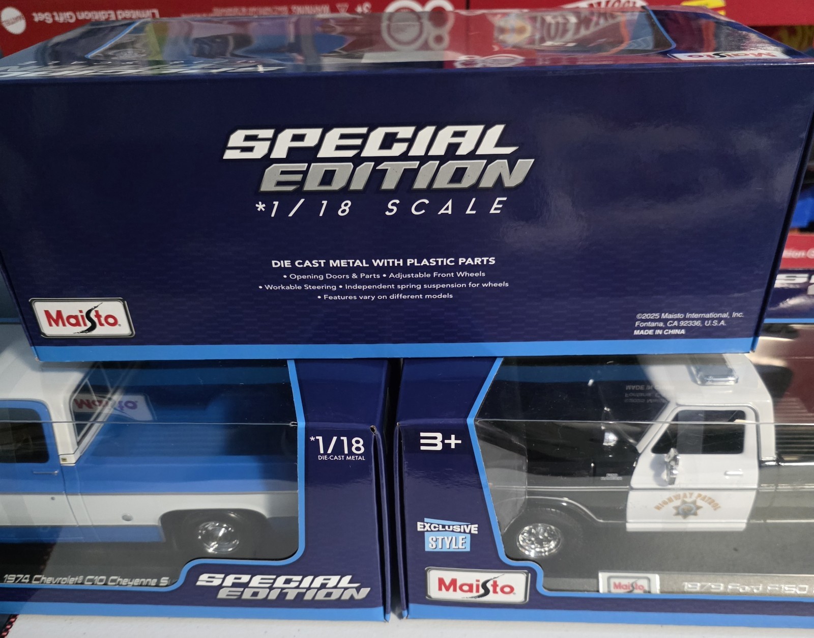 Maisto 1974 Chevy C10 Cheyenne Super Blue/Red + 1979 Ford F150 Patrol 3pc Lot