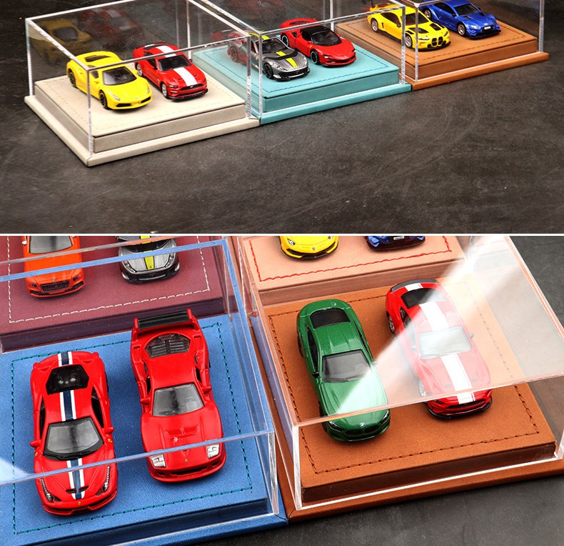 Diorama 1:64 Car Model Collection LED Display Case Leather Acrylic Dust Cover