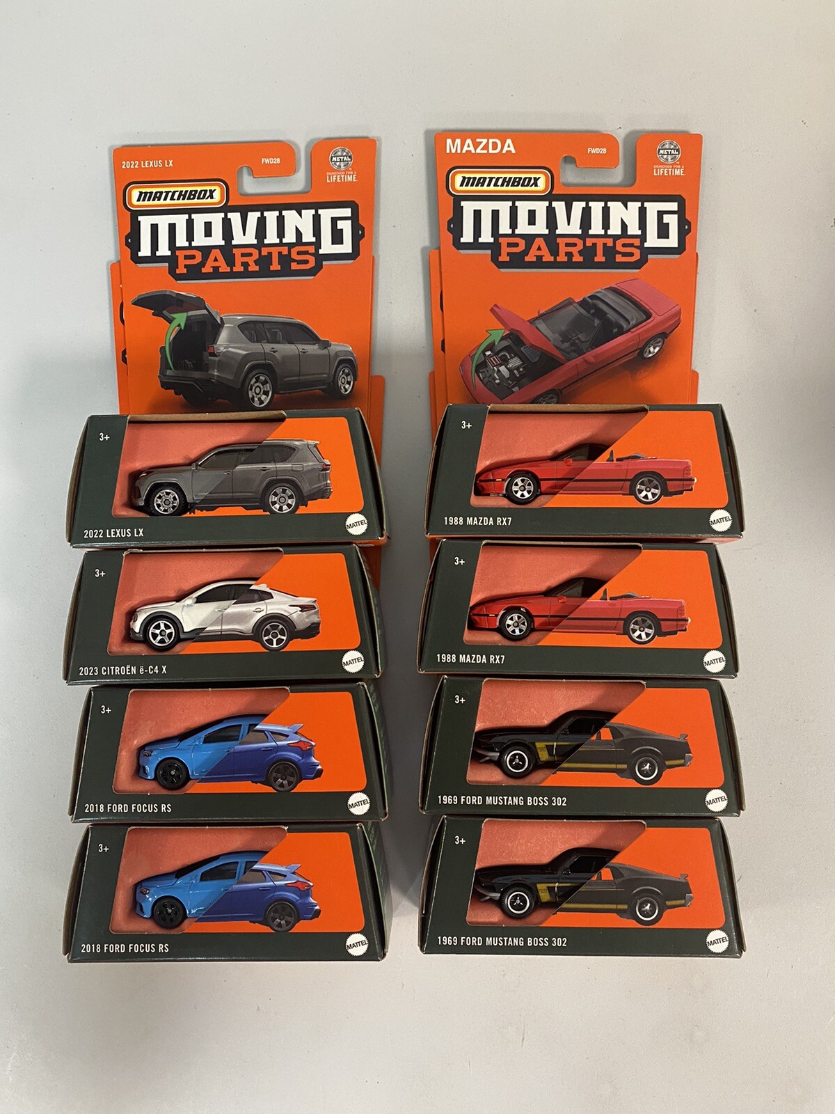 MATCHBOX Moving Parts 2024 SET OF 8 CARS RELEASE M CASE RX7, Mustang, Lexus