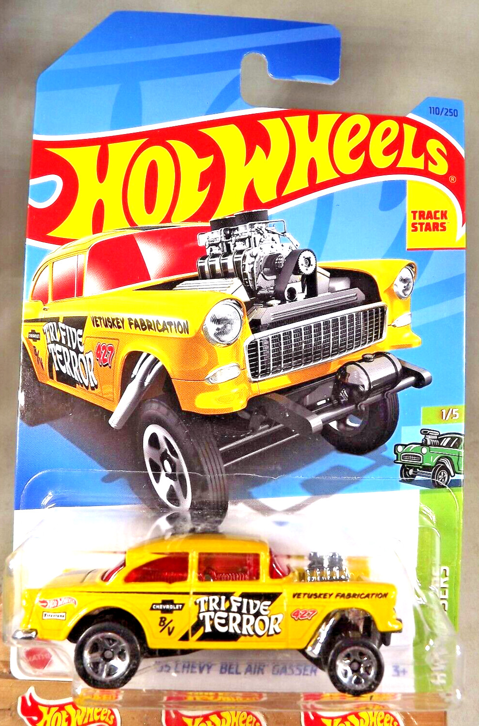 2023 Hot Wheels #110 HW Gassers 1/5 ’55 CHEVY BEL AIR GASSER Yellow w/Chrome 5Sp