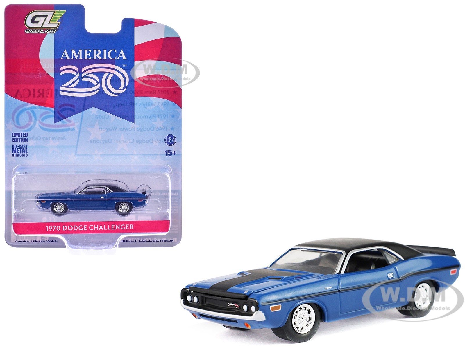 1970 DODGE CHALLENGER BLUE “AMERICA 250” 1/64 DIECAST CAR BY GREENLIGHT 28180 A