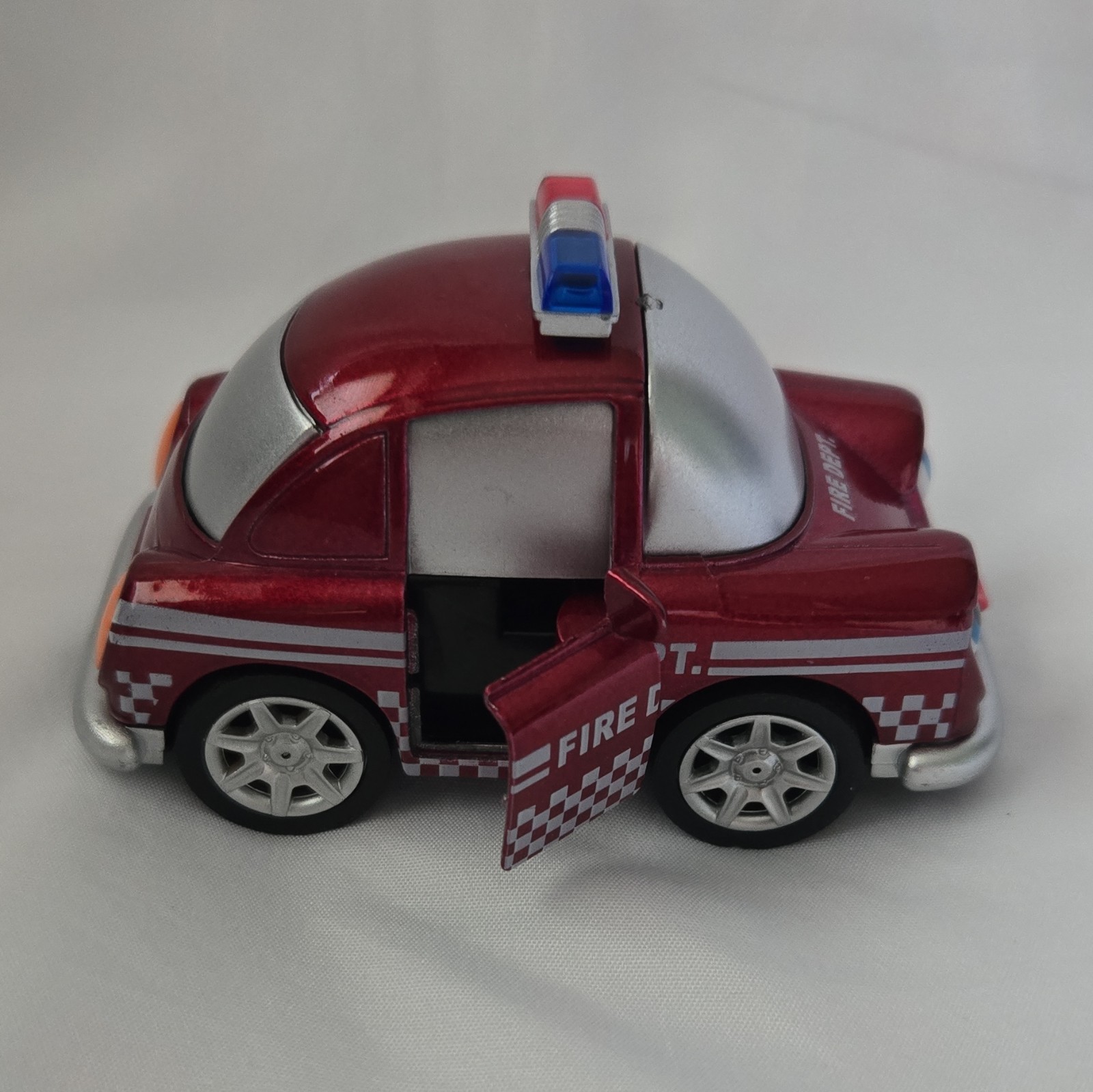 Fire Dept Diecast-Style Car Red/Silver w/ Light Bar, Opening Doors Moving Eyes