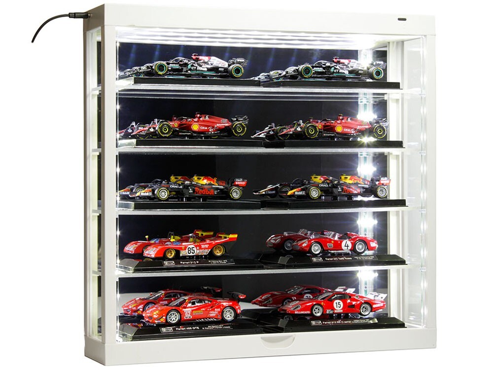 WALL MOUNT 5 TIER DISPLAY CASE WHITE W/MIRROR BACK FOR 1/64-1/43 SCALE MJ8850 MW