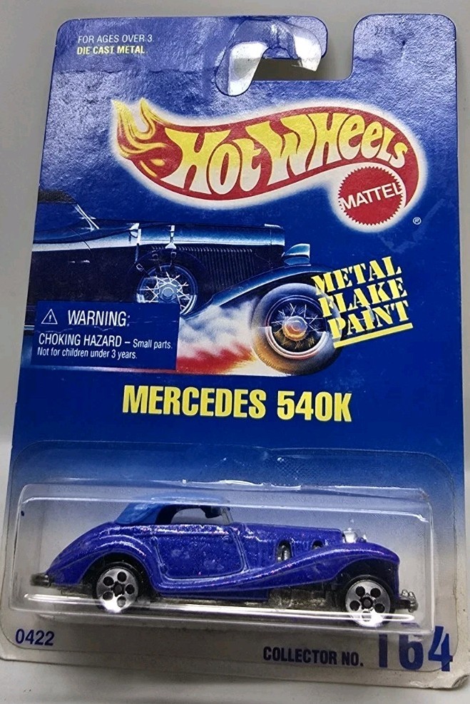 Hot Wheels Mid 1990s Blue Card #164 Mercedes 540K Mtflk Blue w/ BWs Red Flakes