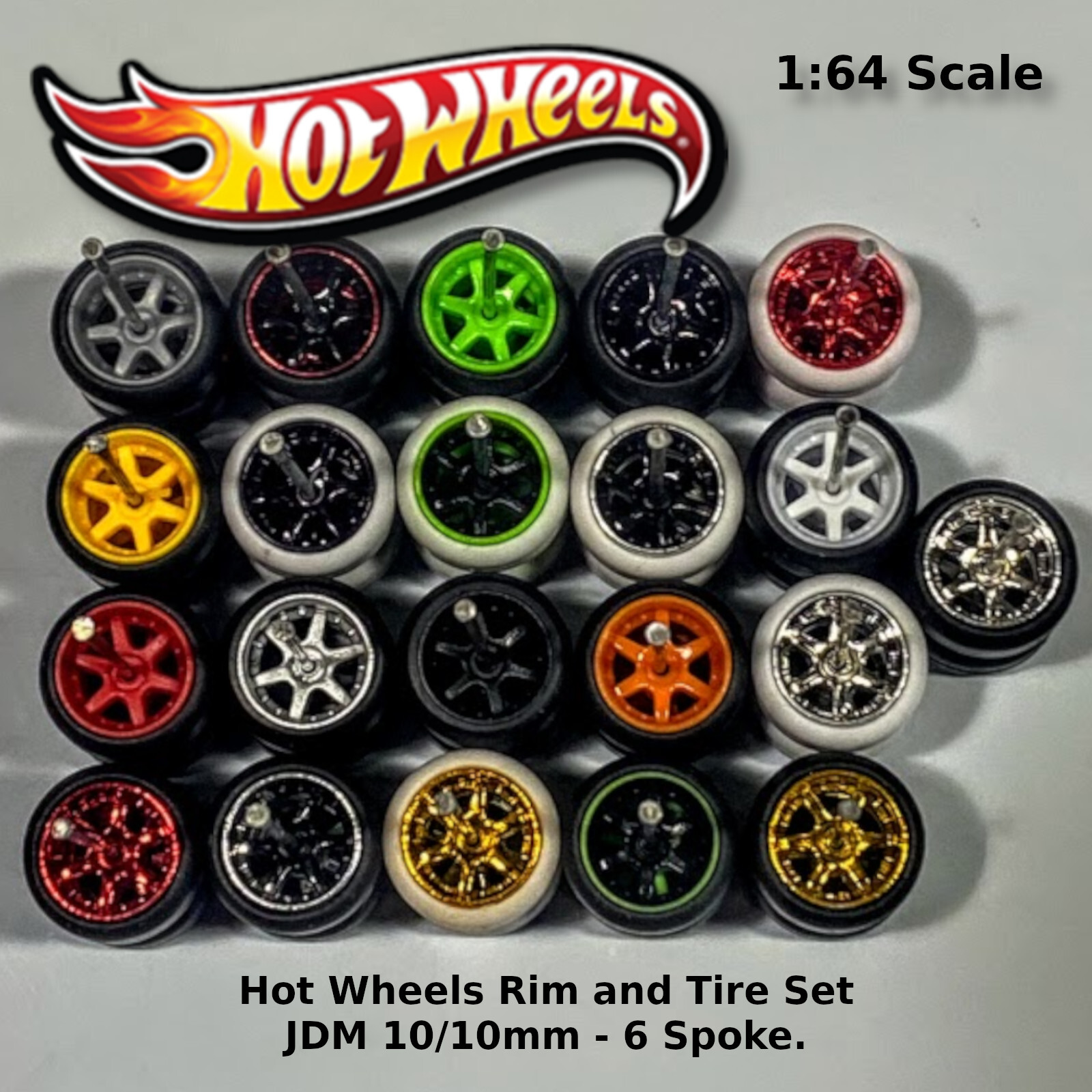 Hot Wheels 6 spoke Real Riders JDM Classic Wheels and Tires Set for 1/64 Scale