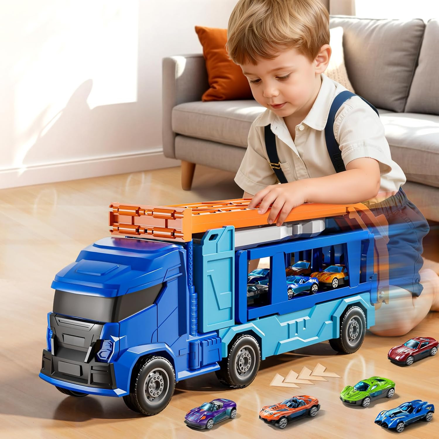 Truck Toys Car Track Set for 3 4 5 6 Years Old Boys, Carrier Truck Transporter C
