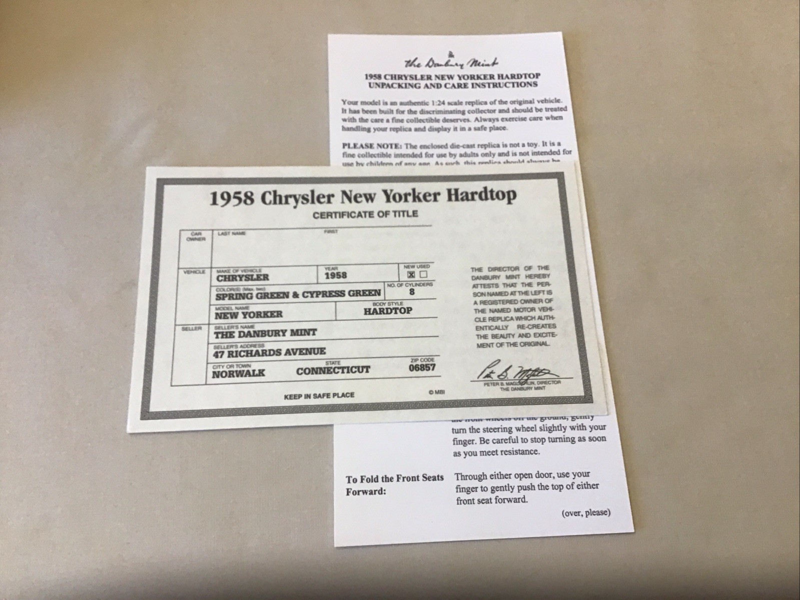 Danbury Mint 1958 Chrysler New Yorker Hardtop Blank Title Paperwork Only 1:24