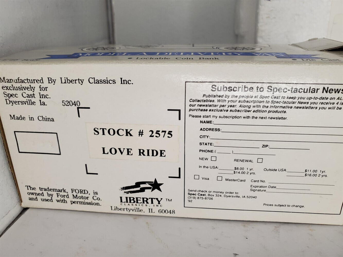 LIBERTY MODEL A DELIVERY VAN 1:25 SCALE DIE CAST “LOVE RIDES”