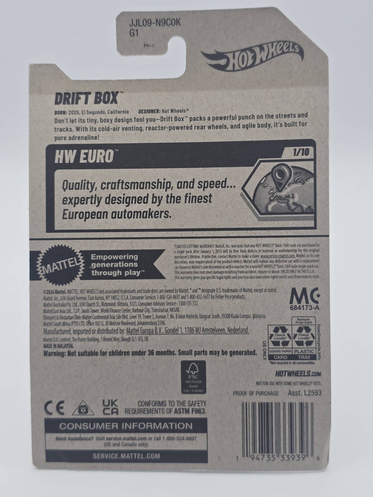 2026 L case Hot Wheels HW Euro Drift Box 1:64 Diecast Car Blue/White/Red