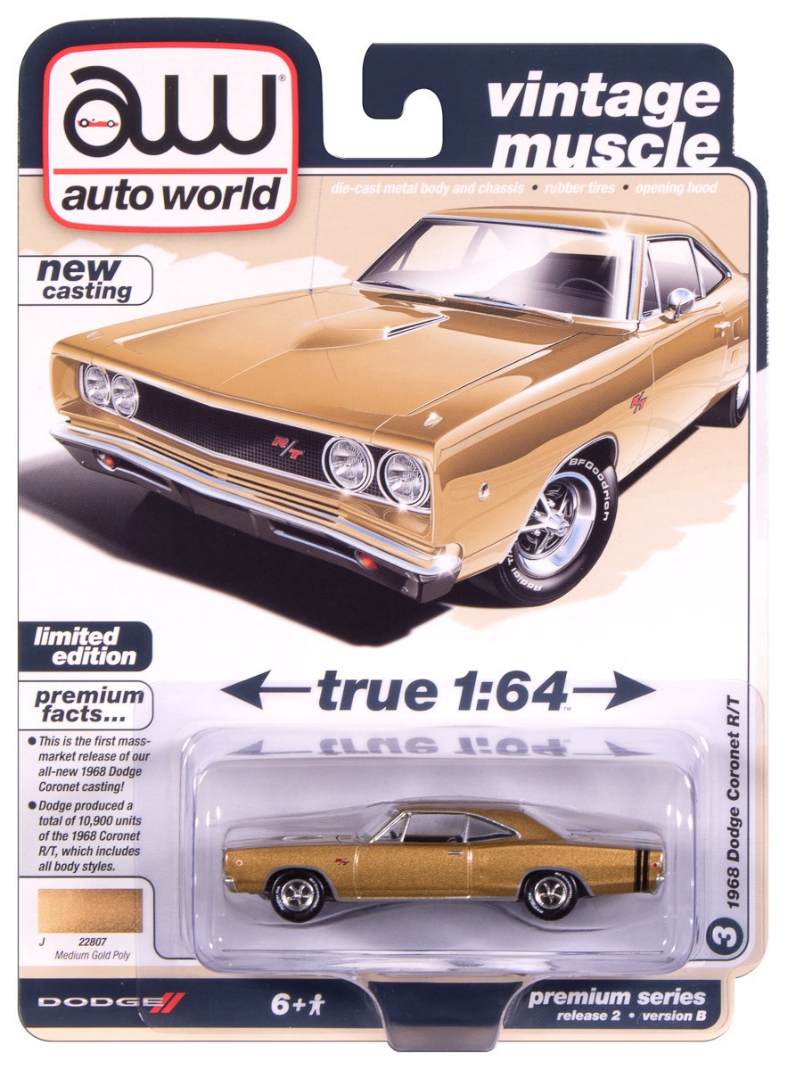 Auto World Vintage Muscle Medium Gold Poly 1968 Dodge Coronet R/T 1:64 Car