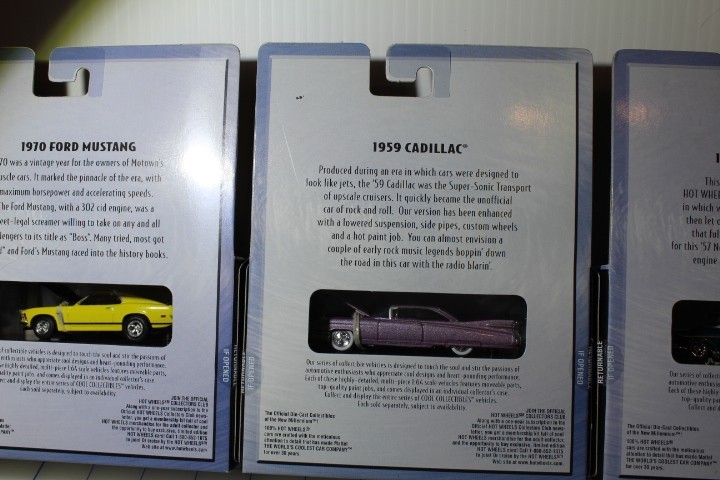 100% Hot Wheels 59 Cadillac, Invader, 1970 Ford Mustang, 1957 Chev. Nomad