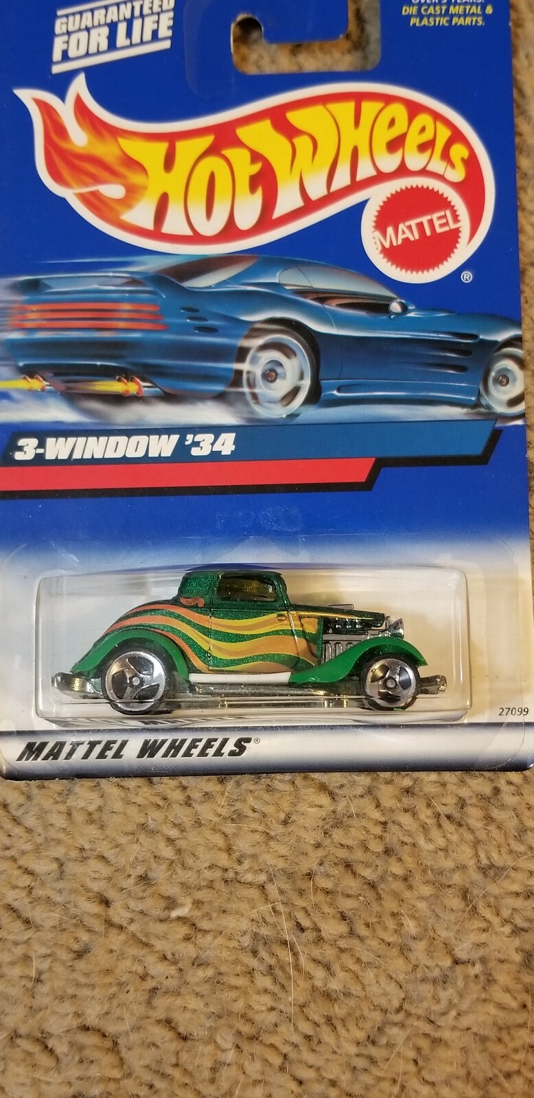 2000 Hot Wheels 3-Window ’34 Hot Rod #132 Metallic Green 3 Spoke Rims NIP