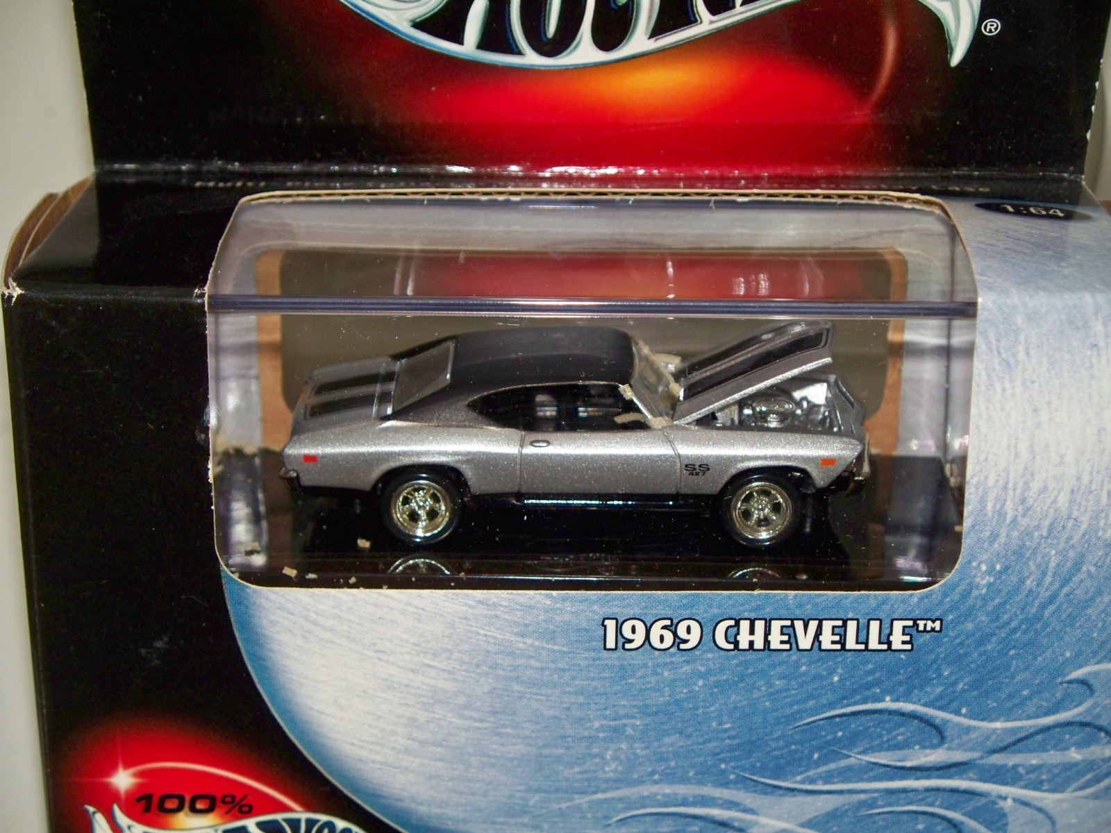 100% Hot Wheels 1:64 1969 Chevy Chevelle SS 427 Silver / Black In Display Case