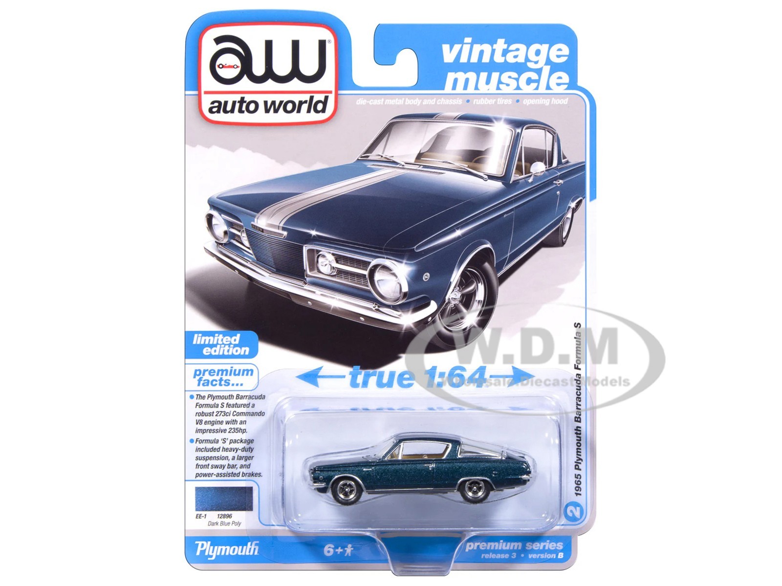 1965 PLYMOUTH BARRACUDA FORMULA S DARK BLUE 1/64 BY AUTO WORLD 64522-AWSP207 B