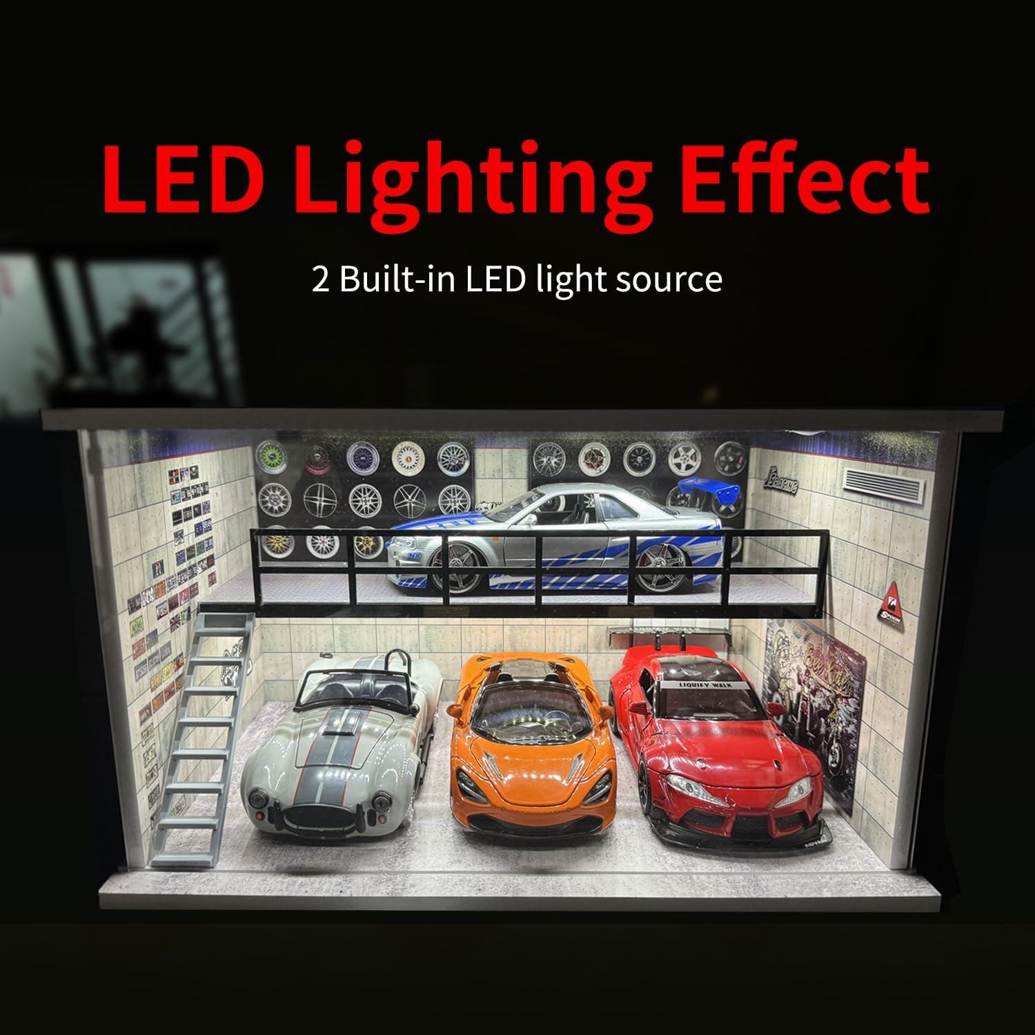 1:24 Scale Model Car Display Case LED Garage Diorama Acrylic 4 Parking Slots