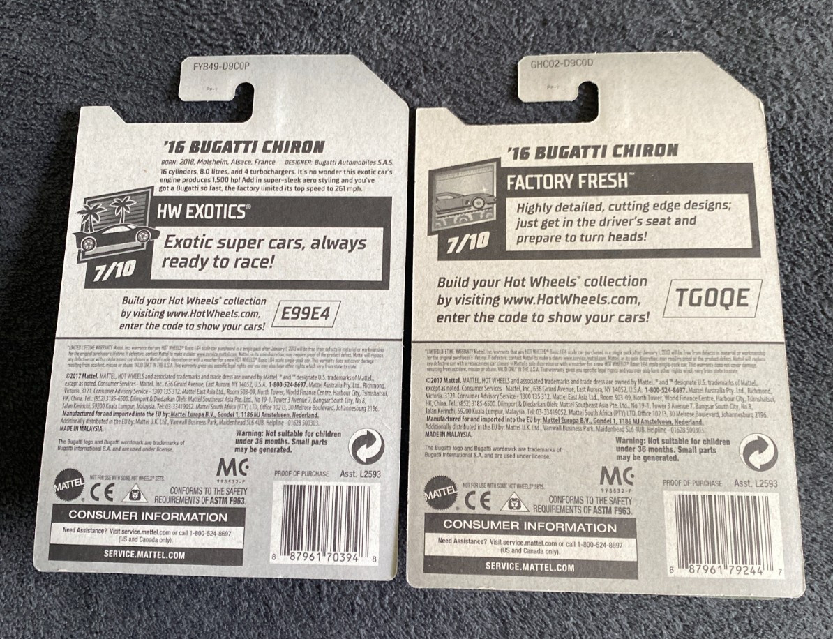 HOT WHEELS LOT OF 2 , ’16 BUGATTI CHIRON, BLUE AND BLACK VARIANTS