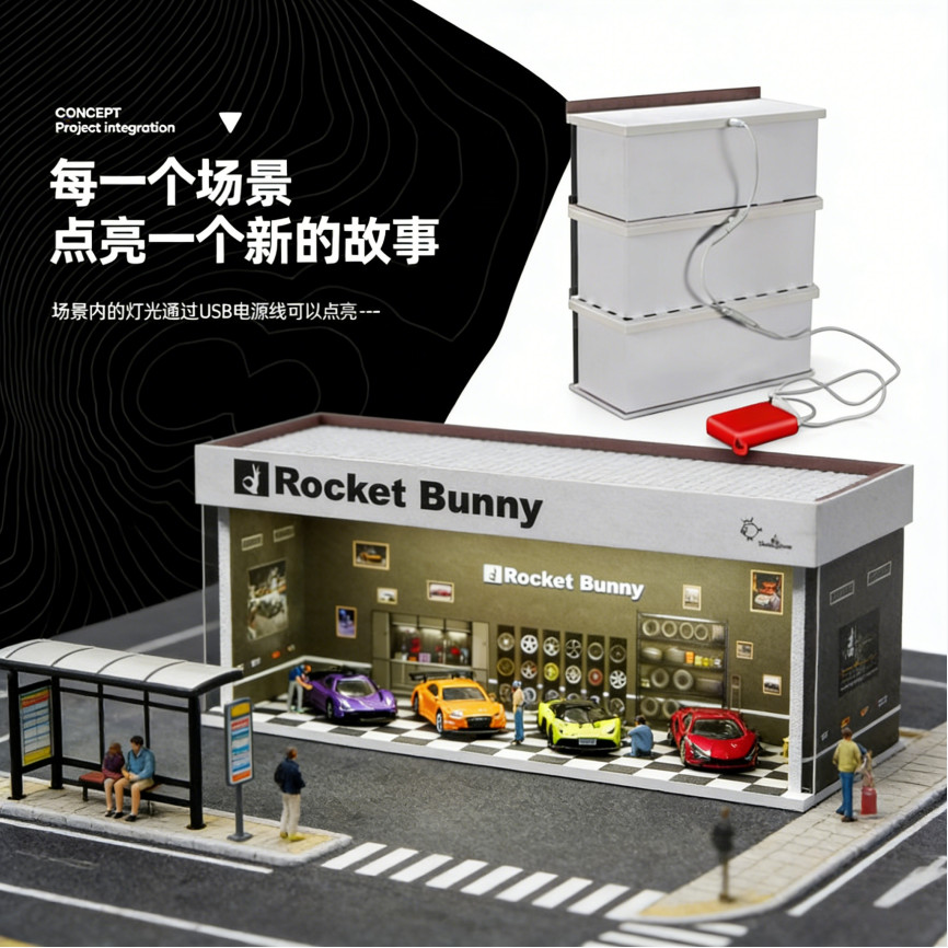 US 1/64 Garage Diorama Model LED Light City Parking Scene Diecast Car Display