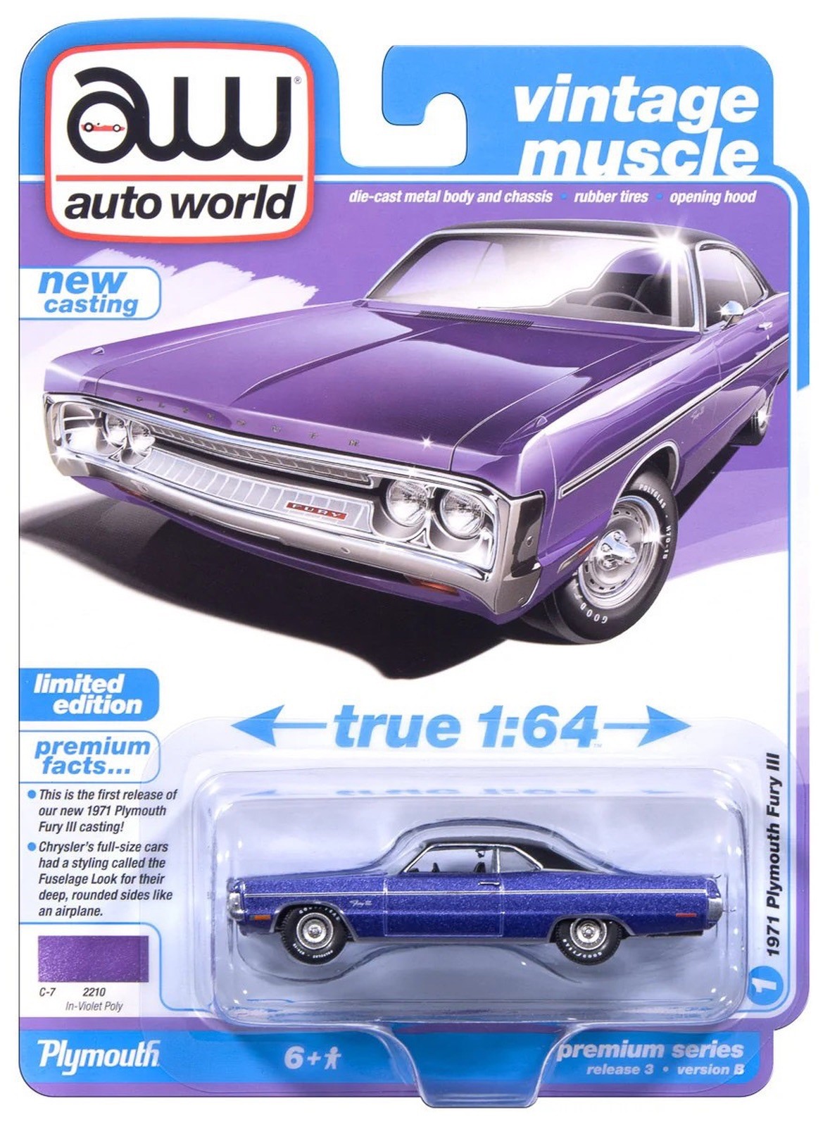 AUTO WORLD VINTAGE MUSCLE 1971 PLYMOUTH FURY III REL 3 VER B IN-VIOLET POLY
