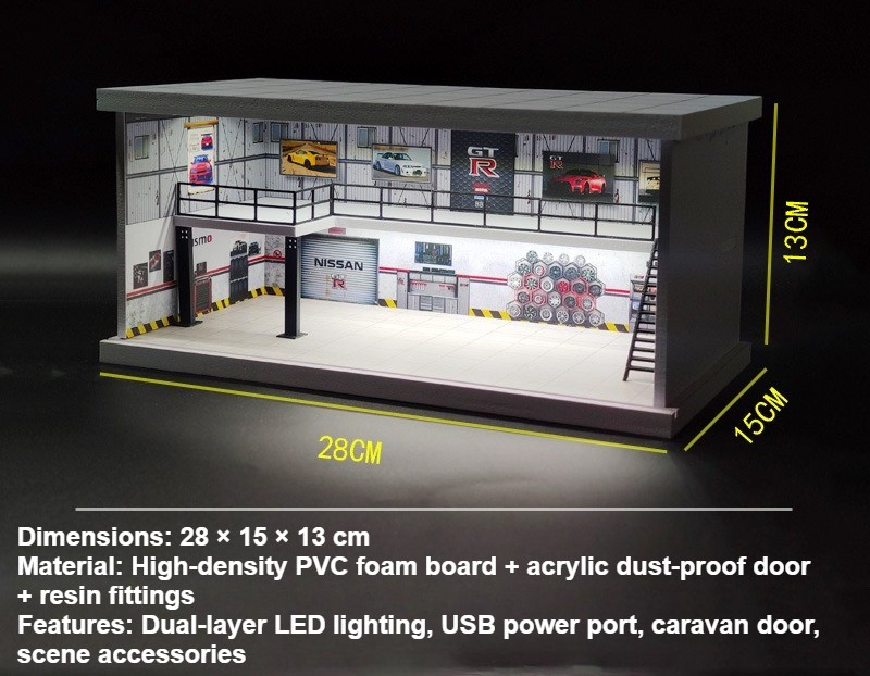 1/64 Car Garage Diorama Model LED Lighting Repair Workshop Scene Display Case US