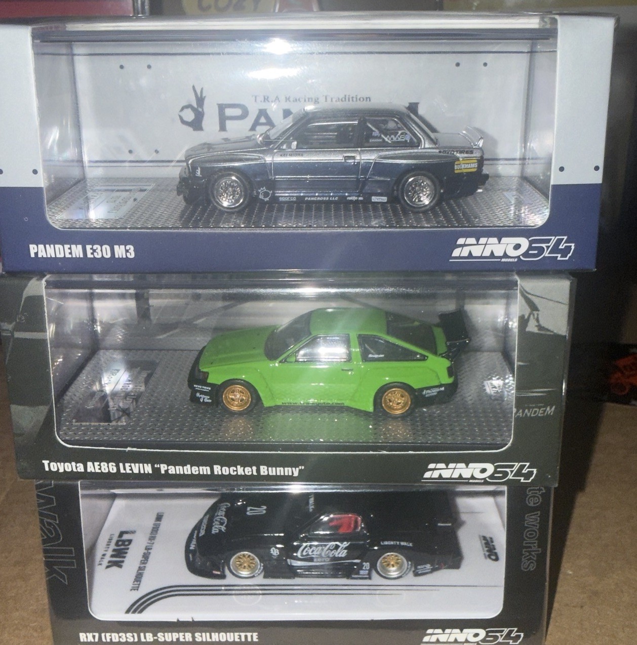 Inno64 JDM Bundle RX-7 LB Super Silhouette AE86 Levin & Pandem E30 M3 1:64 Coke