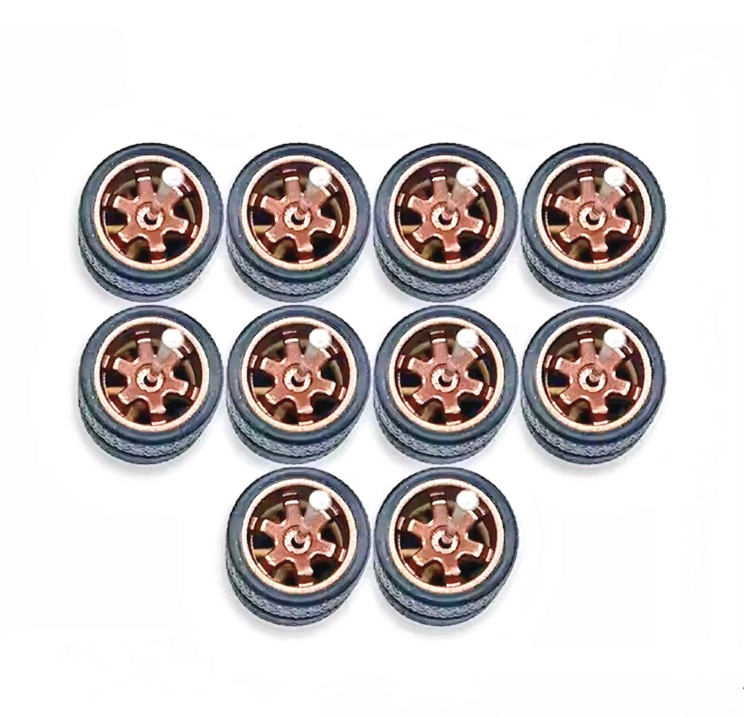 5 Sets TE37 6 Spoke Bronze 11mm Rims & Real Rider Rubber Tires 1/64 Hot Wheels