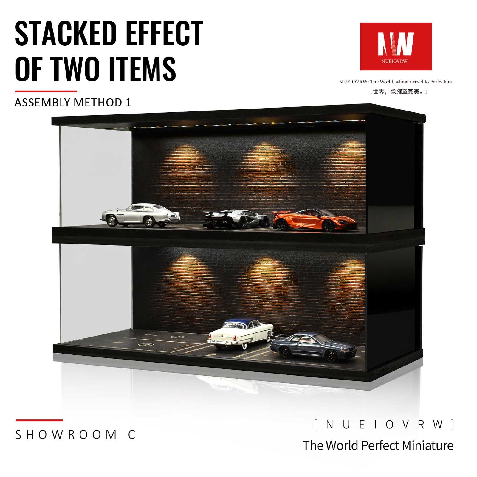 US 1:64/43 Black Garage Diorama Model LED Lighting Parking Lot Display Case Gift